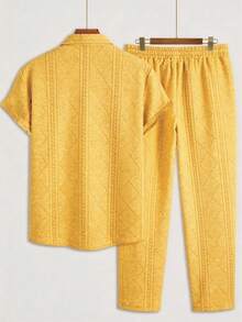 Men's Suit, Essential For Fashionable Men, Solid Color Rhombus & Wheat Ear Jacquard Elastic Textured Knit Set - Yellow - View 2