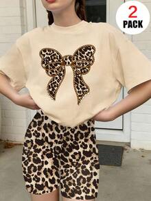 Set de 2 piezas Blusa con estampado de leopardo y lazo + Shorts de ciclista con estampado total, casual y de moda para niñas - Multicolor - Ver 10