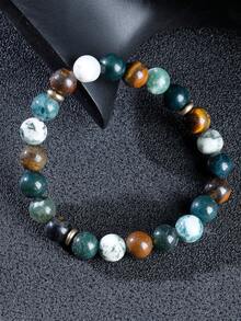 YAUKIA 1 chiếc vòng tay đính đá hổ vàng tự nhiên và mã não rêu, trang sức co giãn, tạo cảm giác thư thái, phù hợp cho cả nam và nữ, lý tưởng để đeo hàng ngày. - Nhiều màu - Xem 2