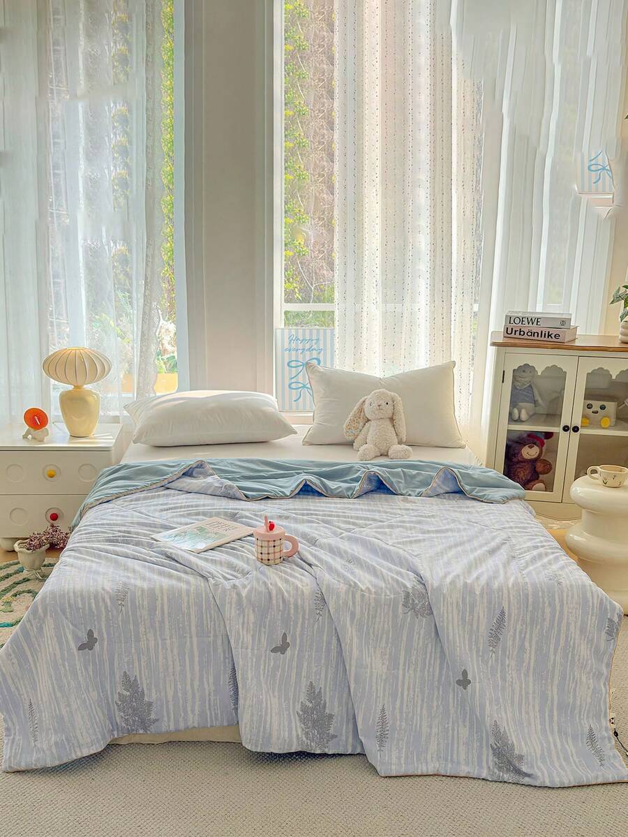 1件水洗棉纱夏季被，空调被，亲肤面料，柔软舒适，适合裸睡，透气顺滑，适用于家居卧室装饰、婚礼用品、情人节、复活节礼物、母亲节礼物，四季皆宜。 - 霧霾藍 - 查看 1