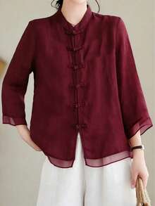Loose Retro Chinese Style Three-Quarter Sleeve Patchwork Design Shirt Summer - Burgundy - View 1