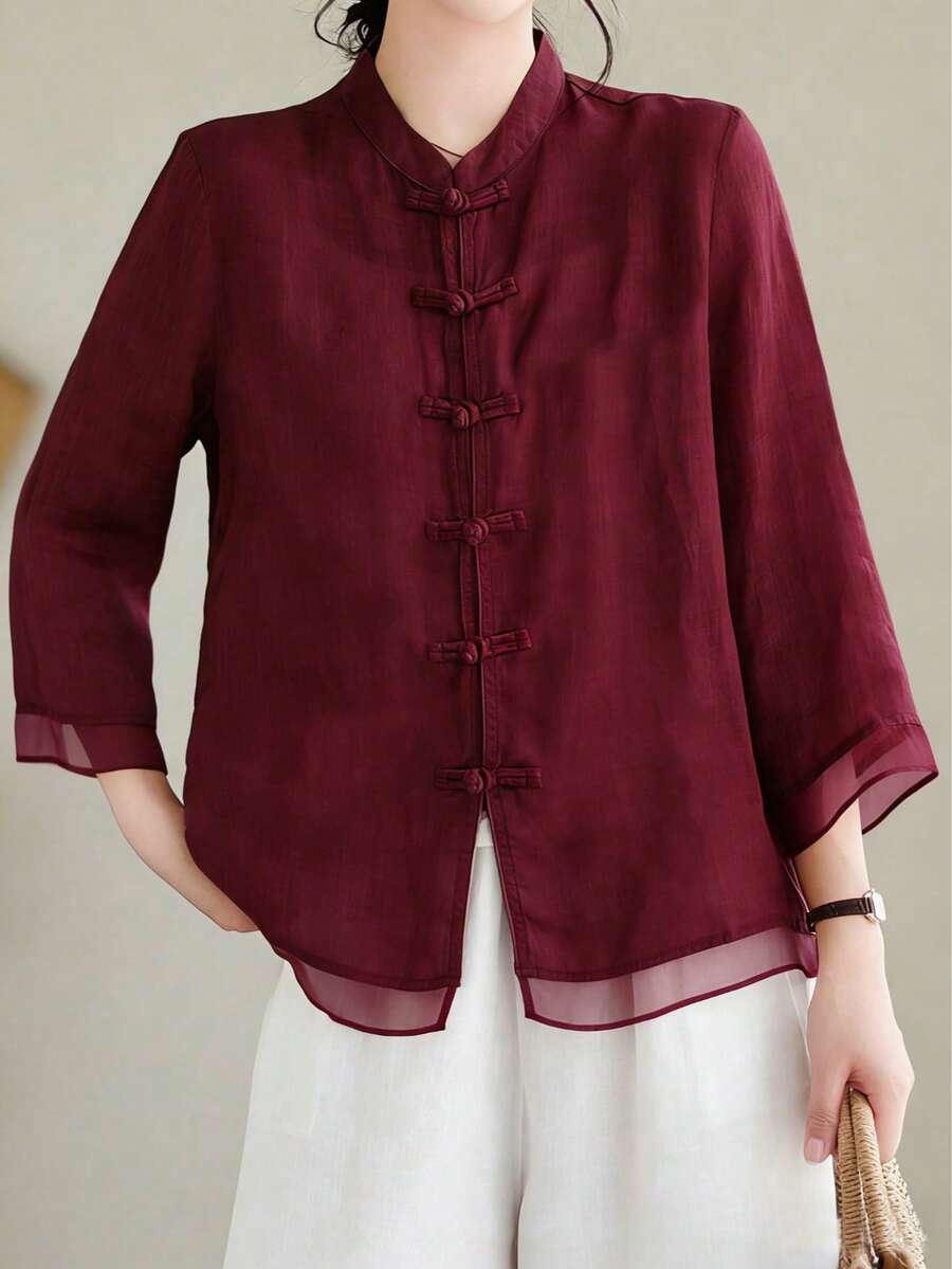 Loose Retro Chinese Style Three-Quarter Sleeve Patchwork Design Shirt Summer - Burgundy - View 1