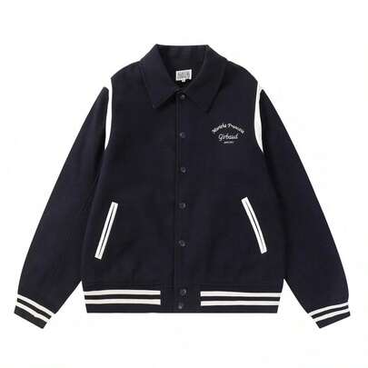  Chaqueta de lana y mezcla de Marithe, chaqueta bomber de béisbol con bordado vintage, chaqueta casual con cuello a rayas unisex para mujeres y hombres