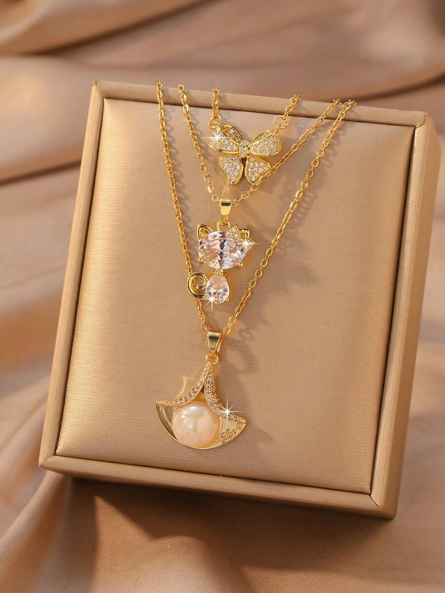 3件套不锈钢优雅金色女士项链套装，闪亮锆石蝴蝶结猫咪吊坠搭配珍珠扇形吊坠，奢华时尚珠宝，结婚周年纪念礼物 - 彩色 - 查看 1