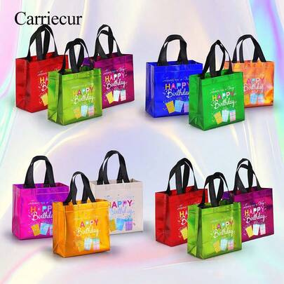 CARRIECUR Assorted Color Happy Birthday Gift Bags With Handles, Non-Woven Metallic Shiny Party Favor Totes, Colorful Rainbow Birthday Treat Bags For Birthday Party, Baby Shower, Bridal Shower, Holiday, Gift Wrapping, Party Decorations