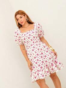 RAINBOW Women's Short Princess Floral Dress With Puff Sleeves And Elasticated Fabric - Elegant Fashion - One Size Fits 36-42 (Brazilian Sizes) - Crepe Fabric - 128-112 白色 - 查看 3
