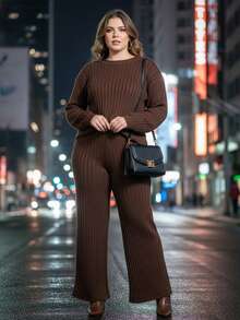 Women's Winter Mousse Knit Set - Wide-Leg Pants And Braided Blouse - 鏽棕色 - 查看 4