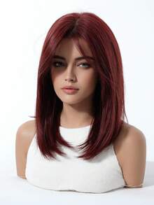 18 Inch Black & Brown Layered Wig With Bangs, Soft & Easy To Style Synthetic Hair, Suitable For Daily Wear, Work, Holidays, Halloween, Christmas, Gift For Women - Red - View 5