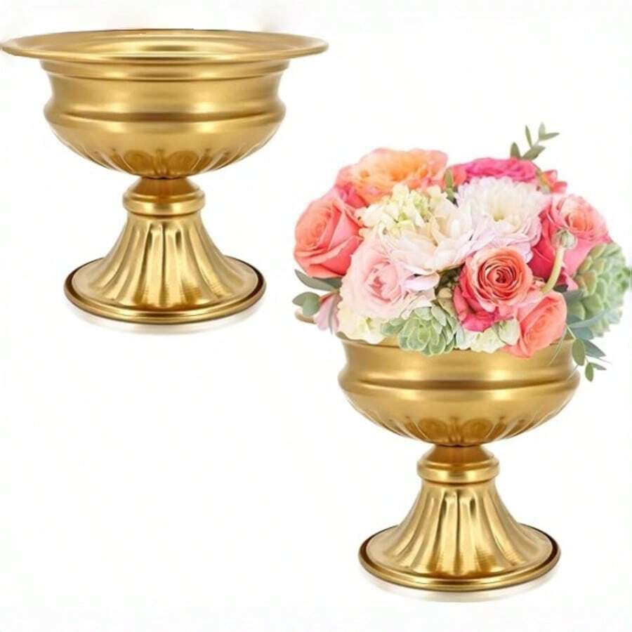桌面装饰金属花瓶,奢华金色底座碗状花瓶,花卉容器批发,黄铜迷你带底座花碗花盆,婚礼、生日派对、周年纪念中心装饰 - 銅色 - 查看 1