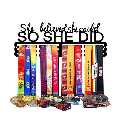 1pc Wall-Mounted Medal Display Rack With Auxiliary Hook, Gold/Silver/Bronze Medal Metal Wall Decor Storage Rack, "She Believed She Could, So She Did." Suitable For Cheerleading, Gymnastics, Track And Field Ribbons, Sports Awards, Weather-Resistant Display And Collection, Perfect Gift For Sports Fans And Champions, Modern Home Decor, Bedroom Decor