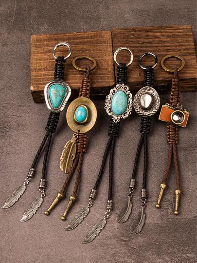 1件复古西部牛仔包饰，金属吊坠，饰有绿松石/牛仔帽/相机造型、编织绳和羽毛装饰，男女皆宜的时尚配饰