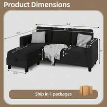 Sofás seccionales convertibles para sala de estar, sofá en forma de L, juego de sofá modular de 3 asientos con tela de poliéster y sofá otomano movible para apartamentos, oficina (gris oscuro) - Negro - Ver 2