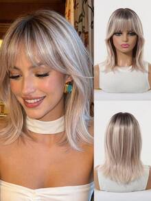 Tóc giả ombre dài vừa phải, thanh lịch 5 sao, thẳng, có mái - Mũ lưới hoa hồng, sợi tổng hợp chịu nhiệt, được ưa chuộng cho phụ nữ sử dụng hàng ngày, dự tiệc, cosplay, Halloween. - Tóc vàng ombre - Xem 3