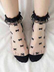 6 Styles Available Lace Mesh Ankle Socks High Elastic No Dig-In Bow Socks Sweet Ballet Style Daily Wear - Multicolor - View 3