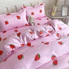 3pcs Polyester Printed Bedding Set, Soft & Breathable Strawberry Pink, Includes 1 Duvet Cover + 2 Pillowcases (No Filler), Ideal Gift, Made In China, Suitable For Spring/Summer - Pink - View 9