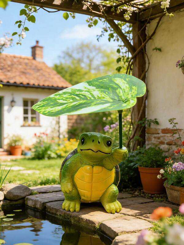 造型奇趣的树脂海龟摆件，配有瓢虫和树叶伞，防水材质，是池塘、溪流、假山等花园的理想装饰品。可爱的动物雕塑，可用于后院景观美化、围栏装饰、户外露台，营造质朴的农舍风格。