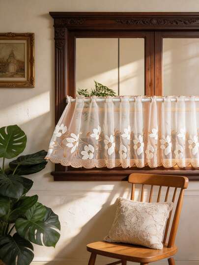 1 pieza Cortina bordada con flores de estilo pastoril francés, cortina de café, divisor de habitación