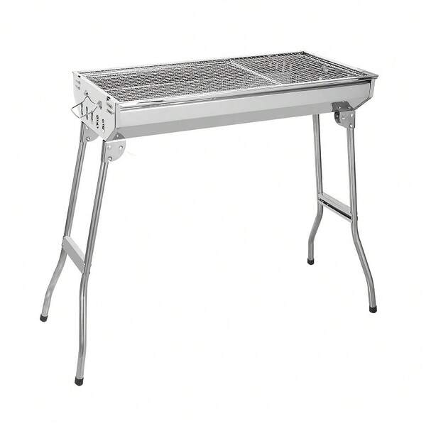 1 Stück großer Edelstahl Klappgrill mit 71cm hohen Halterungen. Es ist ein tragbarer Klappgrillständer für den Außenbereich mit einem installationsfreien Klappmechanismus.