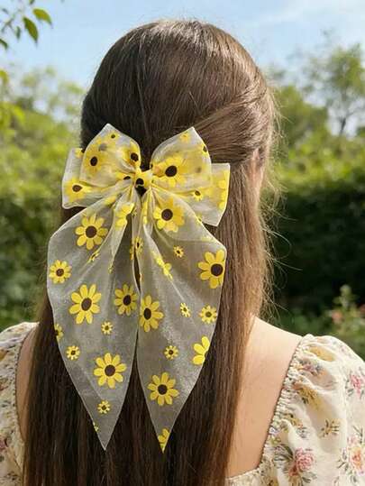 Clip de pelo con lazo extra grande de malla con girasol para mujeres, accesorio de pelo para la parte posterior de la cabeza, estampado hawaiano de moda temperamento con flujo largo de primavera, clip de pelo semi recogido adecuado para uso diario, vacaciones, playa y mar, accesorio de pelo regalo para niñas para días festivos