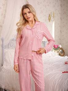 两件套格子睡衣套装，甜美可爱翻领纽扣长袖上衣和裤子，女士居家睡衣和休闲服 - 粉色 - 查看 4