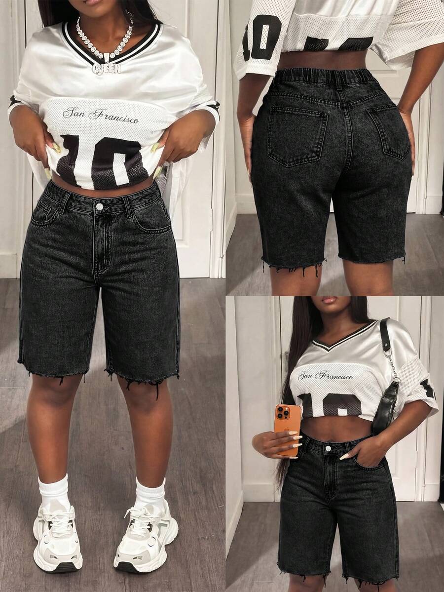 Plus Size Distressed Frayed Hem High Waist Washed Denim Shorts, Stretchy Fabric, Casual Summer Chic Retro All-Match Style