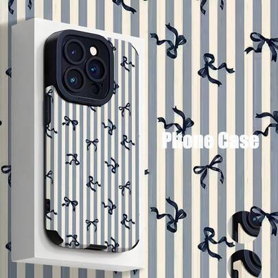1pc Retro Blue Striped Bow Vertical Faux Leather Texture Classic Anti-Drop High-End Soft Protective Phone Case, Suitable As Birthday/Holiday Gift For Friends, Family, Couples, Fits IPhone17/IPhone17 Air/IPhone17pro/IPhone17pro Max/IPhone16/IPhone16 Plus/IPhone16pro/IPhone16pro Max/IPhone15/IPhone15 Plus/IPhone15pro