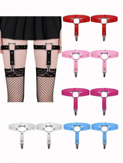 Women's Genuine Leather Garter Belt Sexy Leg Garter Punk Rock Non-Slip Clip Elastic Garter 2 Packs
