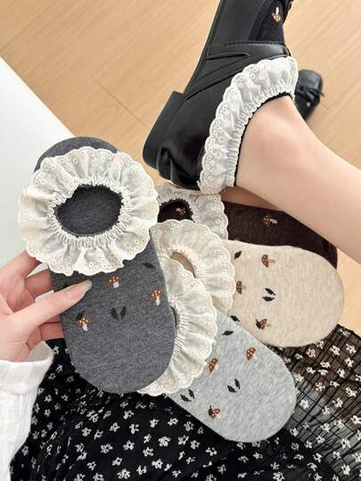 1 Pair Spring/Summer Lace Trim Boat Socks, Sweet Japanese Style, Non-Slip Invisible Socks