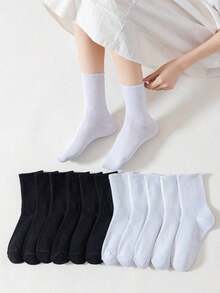 12 Pairs Unisex Black & White Striped Breathable Moisture Wicking All-Match Daily Versatile Socks, Fall - 均碼 - 查看 9