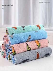 10pcs, Dish Cloth, Coral Velvet Cartoon Printed Double-Sided CleaningTowels, Scouring Pad, New Kitchen Printed Cleaning Cloth, SuperAbsorbent Wiping Cloth, Cleaning Supplies - Cartoon Print Mixed Color - View 4
