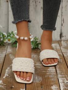 2024 Spring/Autumn Luxury Women's Flat Sandals, Low Heel Non-Slip Plus Size Rhinestone Slides, Versatile Slip-On Slippers For Outdoor Wear - Beige - View 3