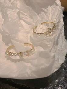 Bộ 2 chiếc nhẫn hình thánh giá kiểu Pháp tối giản đính đá Zirconia và ngọc trai, thiết kế mở có thể điều chỉnh, thời trang. - Zircon hình chữ nhật có hình dạng chữ thập - Xem 4