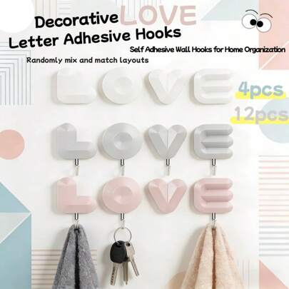 LOVE Buchstaben Selbstklebender Wandhaken - Erhältlich in Weiß/Grau/Rosa, 3D Buchstaben Design für Wanddekoration + Aufbewahrung, Selbstklebend ohne Bohren erforderlich, kann Schlüssel, Handtücher aufhängen, romantische & praktische Aufbewahrungslösung für Wohnzimmer/Eingangsbereich