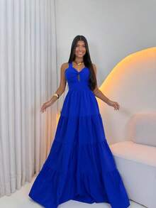 Women's Long Dress With Butterfly Knot - 藍色 - View 3