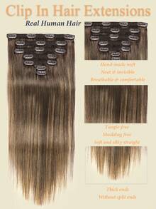 7pcs/Set Clip-In Hair Extensions, Human Hair, #4/27/4 Medium Brown/Chestnut Brown Mixed Straight Hair, Clip-In Human Hair Extensions - S4/27/4 - View 5