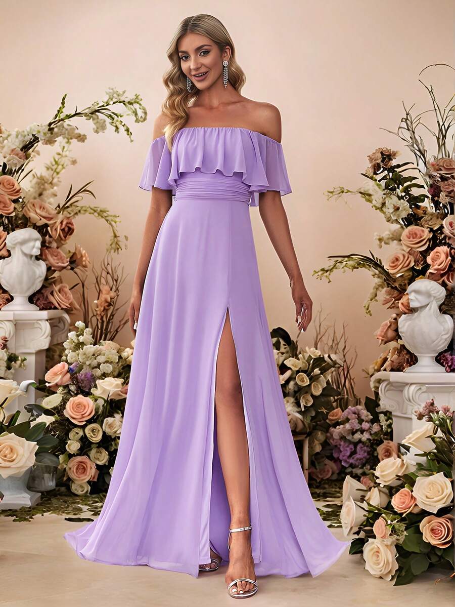 EVERPRETTY Elegant Off Shoulder Ruffle High Slit Bridesmaid Dress Wedding - Lilac Purple - View 1
