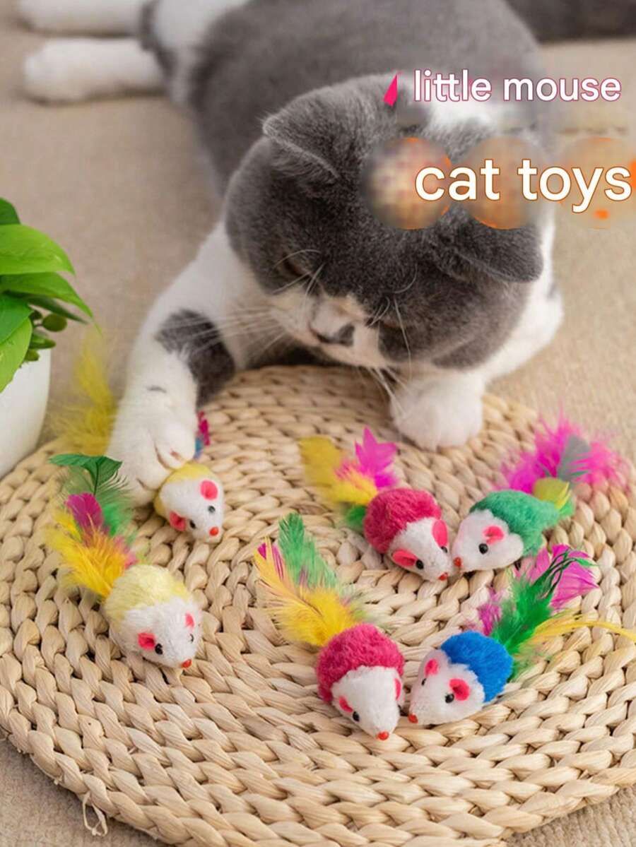 5pcs/10pcs/15pcs/20pcs Plush Mouse & Cat Toys, Helpful For Dental Health - Interactive Indoor Play And Teeth Cleaning, Random Color - Multicolor - View 1