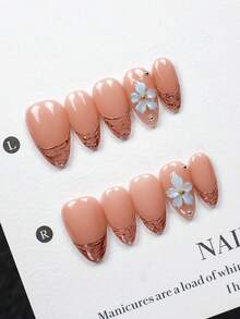 10pcs Extra Short Almond-Shaped Pure Handmade Press-On Nails, Nude Color With Rose Gold Texture And 3D Blue Floral Pearl Rhinestone Decor, High Gloss Finish, Fresh And Gentle, Suitable For Commute, Dates And Light Social Occasions, Can Be Worn Year-Round - Multicolor - View 1