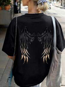Women's Summer New Wing Pattern Printed Round-Neck Short-Sleeve T-Shirt, Casual Loose Versatile Top, Fashionable Daily Wear Black - Black - View 6