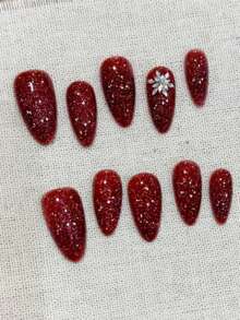 10Pcs Handmade Almond Press-On Nails. Red, Purple And Pink With Chunky Glitter, Inlaid With Rhinestones And Snowflake Ornaments. Stylish And Elegant False Nails, Fit All Occasions, Easy To Apply And Remove. - Red - View 10