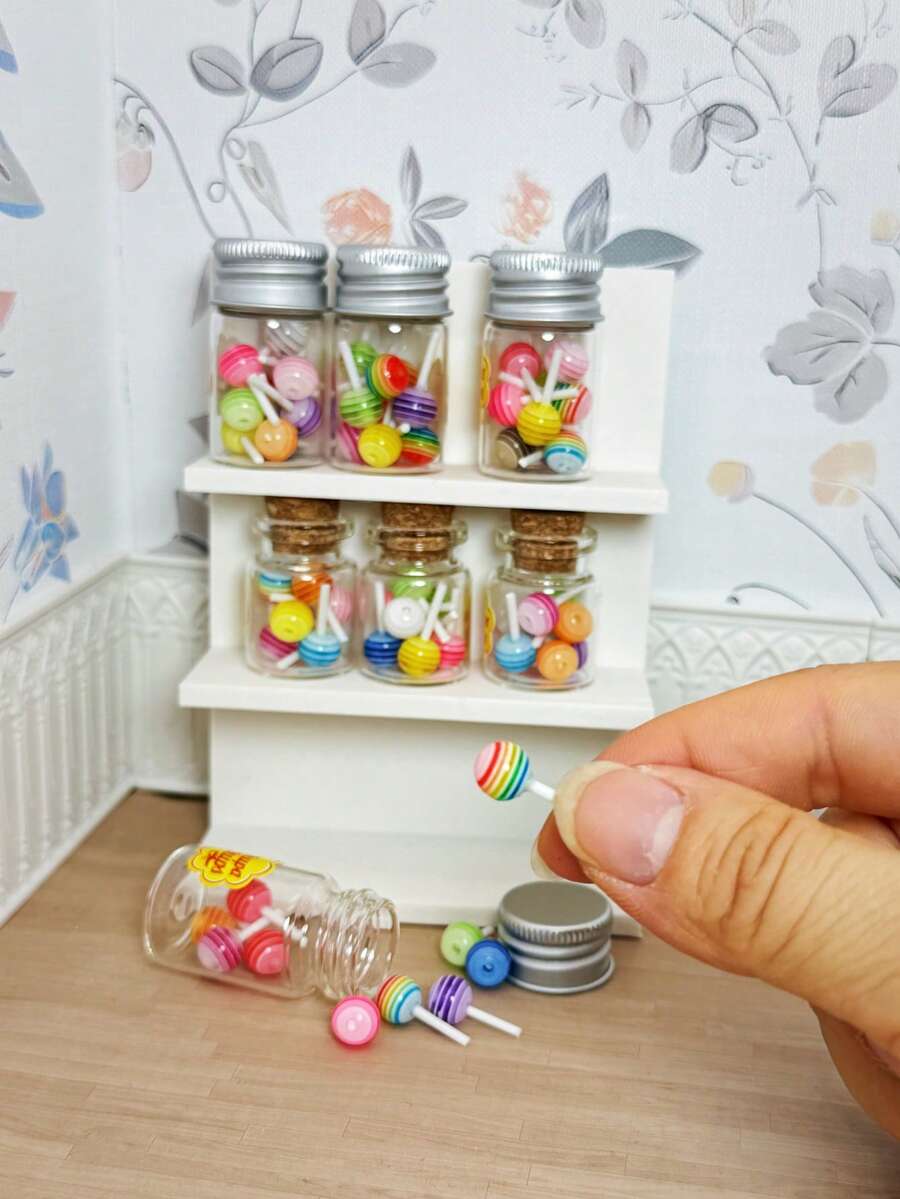 迷你罐裝棒棒糖模型,逼真彩色糖果,迷你食物廚房模型,DIY房間裝飾攝影道具 - 彩色 - 查看 1