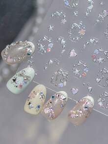 1片Y2K金属星心美甲贴纸，美甲师必备，5D立体浮雕工艺，酷炫的金属银色星星搭配闪亮爱心和蝴蝶结美甲贴花，自粘式美甲贴纸，DIY美甲，优雅女士礼物，甜美Y2K美甲装饰 - 淺粉色 - 查看 7