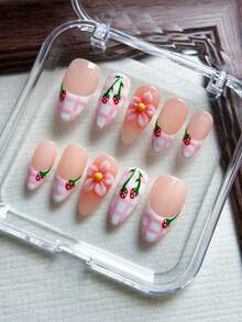 10片手工杏仁形美甲贴纸，粉白相间，法式格纹，3D粉色花朵雕刻，草莓图案，可爱亚克力假指甲，适合女孩和女士度假、旅行、婚礼美甲装饰，包含甲油胶和指甲锉。 - 粉色 - 查看 1
