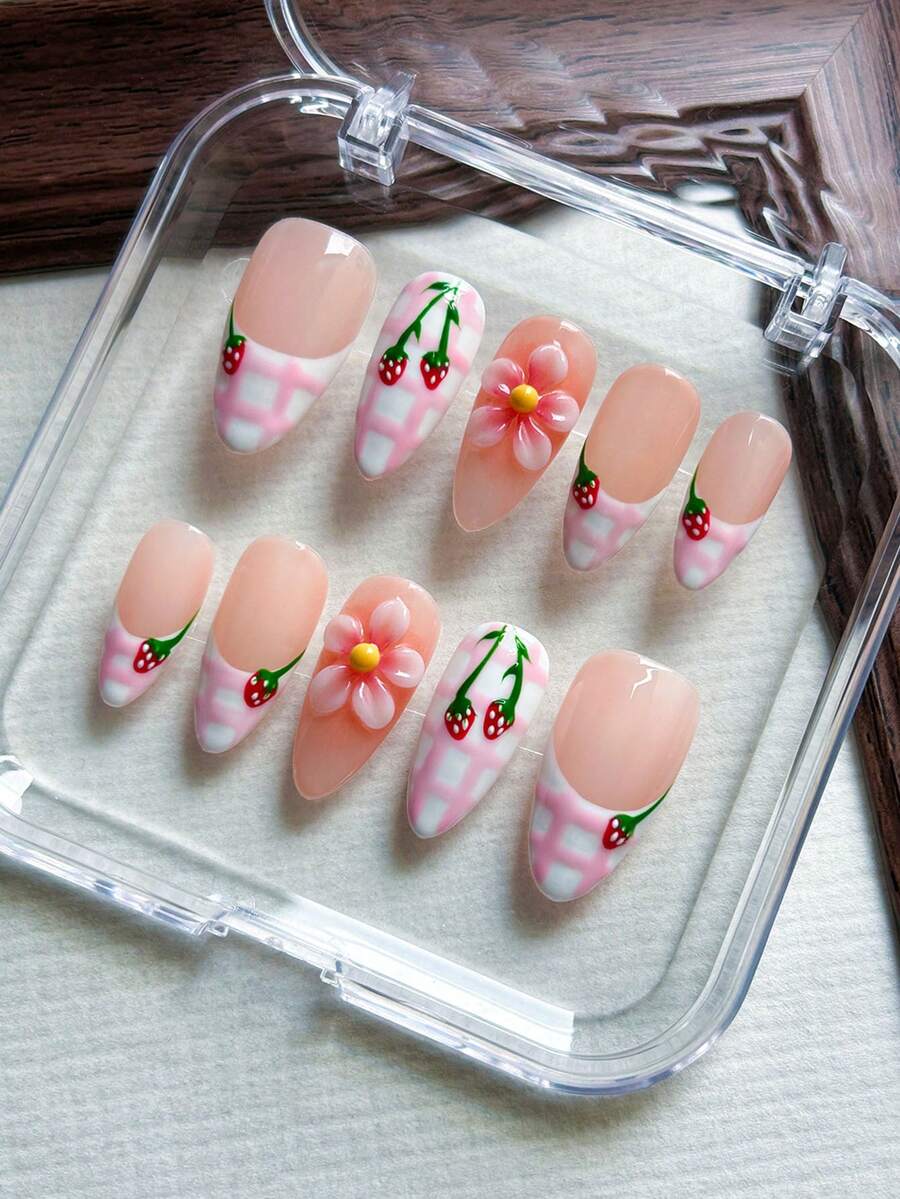 10片手工杏仁形美甲贴纸，粉白相间，法式格纹，3D粉色花朵雕刻，草莓图案，可爱亚克力假指甲，适合女孩和女士度假、旅行、婚礼美甲装饰，包含甲油胶和指甲锉。 - 粉色 - 查看 1
