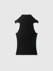 Zip-Up Ribbed Knit Solid Color Sleeveless Knit Vest Top Black Summer - Black - View 2