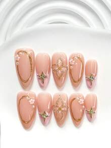 10件套森林仙子风格手工美甲套装，凝胶美甲套装，手工浅粉色五瓣花美甲配件，金色海星，粉色、黄色、蓝色、白色指甲油，附赠美甲工具（1张果冻贴纸+1把指甲锉），3种尺寸可选：方形指甲、短方形指甲、杏仁形指甲 - 彩色 - 查看 12