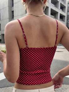 女士时尚藏蓝色波点印花圆领修身休闲度假性感吊带背心，适合夏季沙滩穿着 - 紅色 - 查看 4