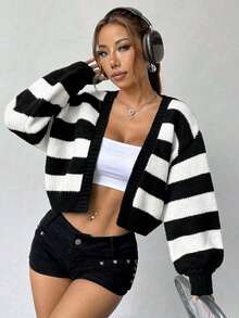 Summer Lightweight Short Cardigan For Women, Comfortable Casual Open Front Knit Cardigan, Cozy Daily Outfit For Spring Autumn Leisure Dating And Short Trips - Black and White - View 4