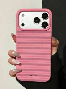 Retro Striped Liquid Silicone Phone Case Compatible With IPhone 17 Pro Max, 17 Pro, 17, 16 Pro Max, 16 Pro, 16, 15, 14, 13 Pro Max, Solid Color Protective Cover - Hot Pink - View 3