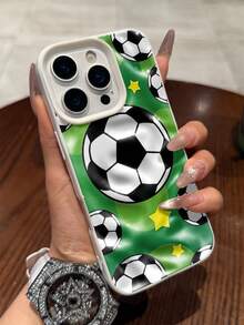 1PC Compatible With IPhone 17/16 Pro Max/15 Plus/14 Pro, Dynamic Sports, Wrinkled TPU, Phone Case, Ins Football Style, Green Base & Soccer Print, Full Coverage Shockproof, Precise Cutouts - White - View 3